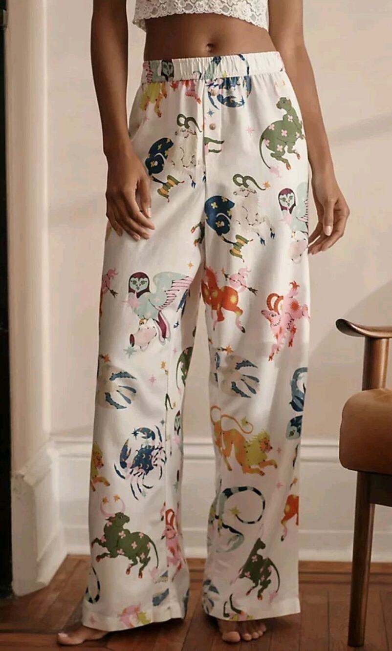 LOU BENESCH Anthropologie XS Pajama Bottoms Flannel Zodiac Whimsical Artsy LN